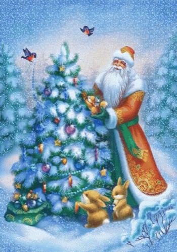 a painting of santa claus standing next to a christmas tree