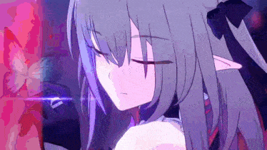 a close up of a purple haired anime girl with a butterfly in the background .
