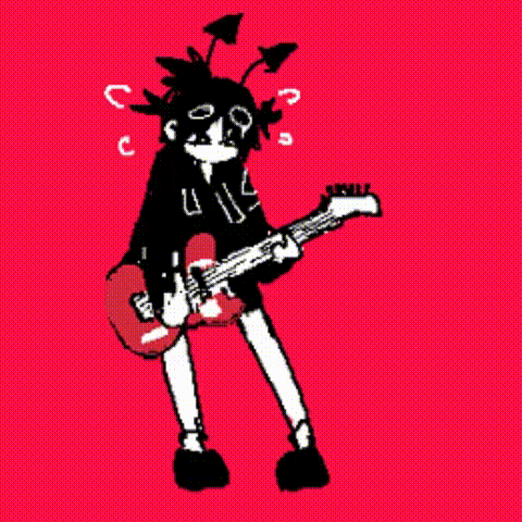 a black and white drawing of a girl playing a guitar on a red background