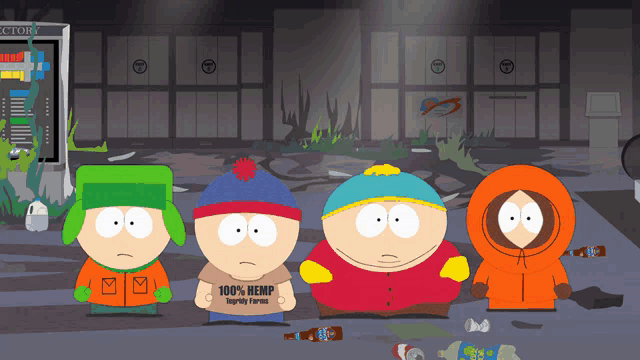 a group of south park characters are standing in front of a building that says rectory