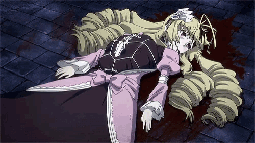 a girl in a pink dress is laying on the ground with blood coming out of her mouth
