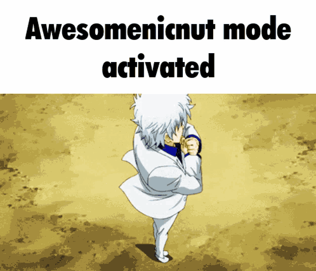 a picture of a man in a white suit with the words awesomenicnut mode activated above him
