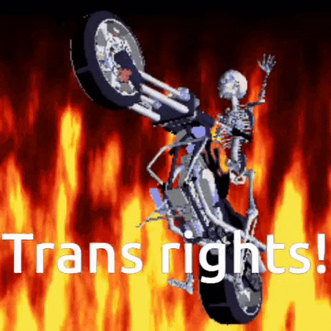 a skeleton on a motorcycle with the words trans rights