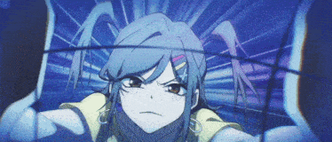a girl with blue hair and a yellow shirt is looking at the camera
