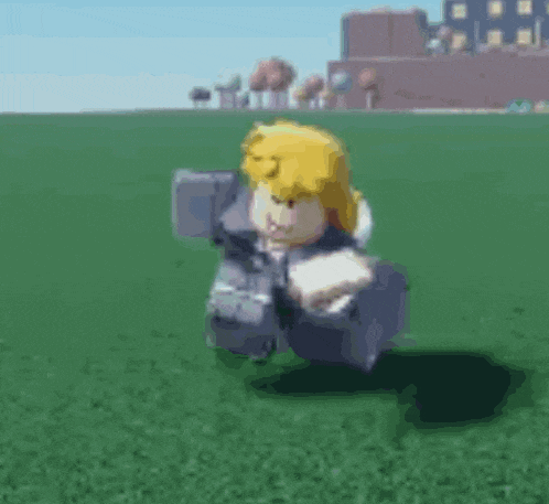 a roblox character is standing in a field holding a gun .