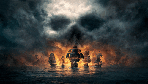 a group of ships in the ocean with a skull in the sky