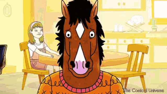 a cartoon of a horse with a girl sitting at a table in the background