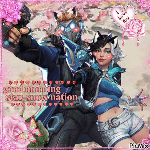 a picture of a man and a woman with the words good morning star snow nation