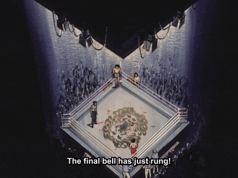 a boxing ring with the words " the final bell has just rung " on the bottom