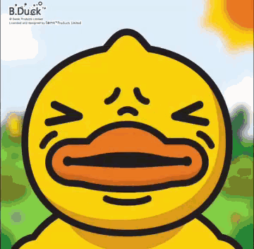 a cartoon duck with a sad look on its face is sponsored by b.duck