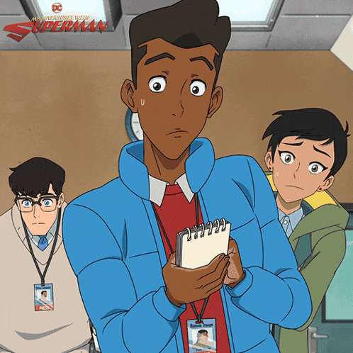 a man in a blue jacket is holding a notepad in front of a superman logo