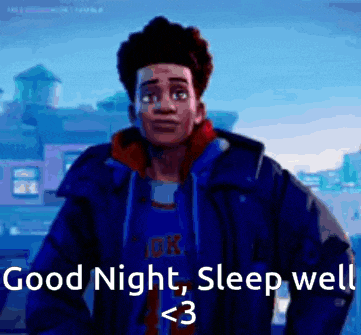 miles morales from spider-man into the spider-verse is standing in front of a building and says `` good night , sleep well ''