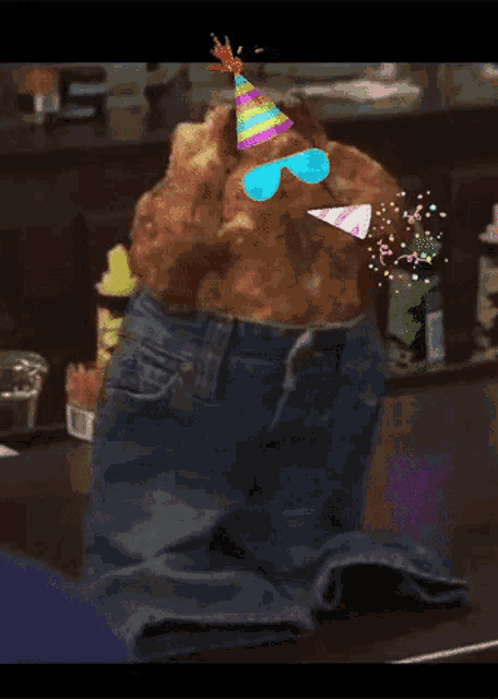 a cat wearing a party hat and sunglasses is sitting on a pair of jeans