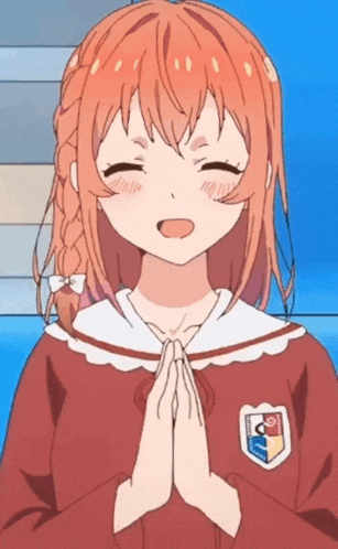 a girl with red hair is wearing a red school uniform with a badge on it