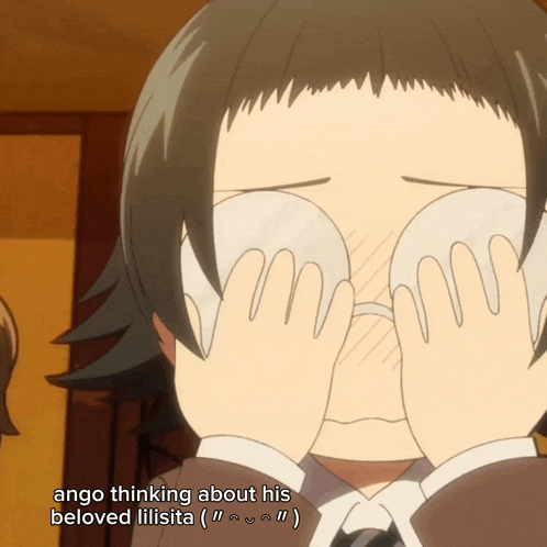 a person covering their eyes with their hands with the words ango thinking about his beloved lilisita below them