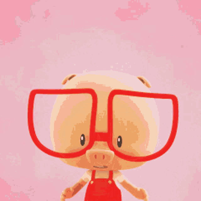 a cartoon pig wearing red glasses stands in front of a pink heart