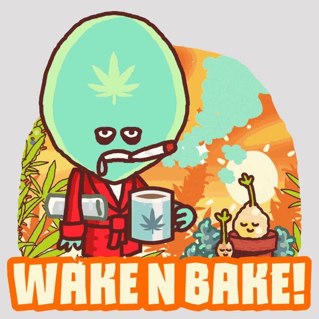 a cartoon character smoking a cigarette and holding a cup with the words wake n bake
