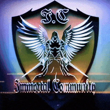 a logo for immortal community has a knight with wings holding swords