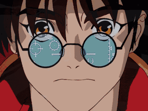 a close up of a person wearing glasses with a target on the lenses