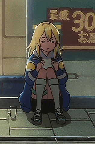 a cartoon girl is sitting on the sidewalk in front of a sign that says 30