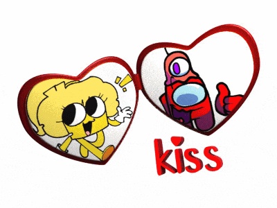 two hearts with among us characters and the word kiss on the bottom