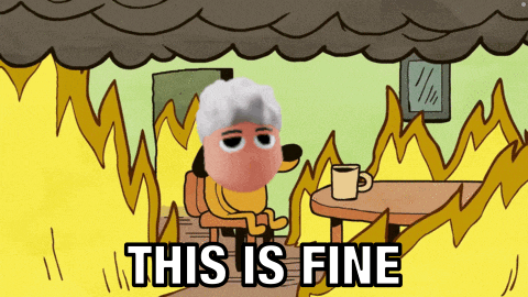 a cartoon of a dog sitting at a table with the words this is fine below him