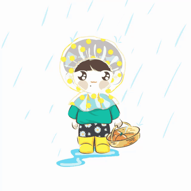 a drawing of a child wearing a raincoat and holding a basket of strawberries