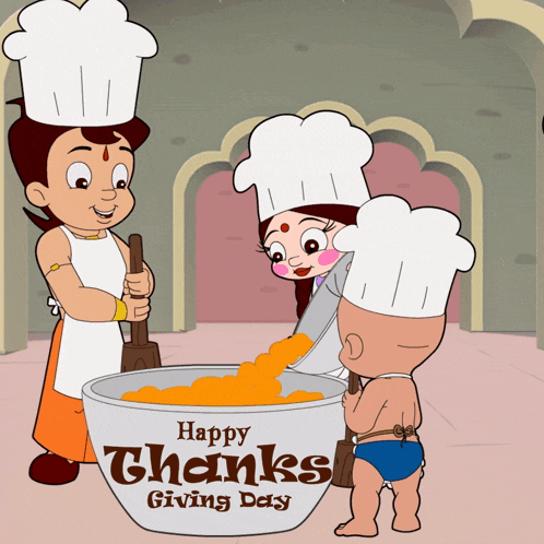 a happy thanksgiving day greeting card with cartoon characters in chef hats