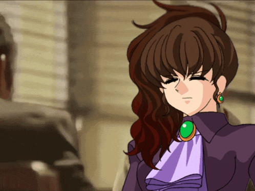 a cartoon of a woman with brown hair and a green pendant around her neck