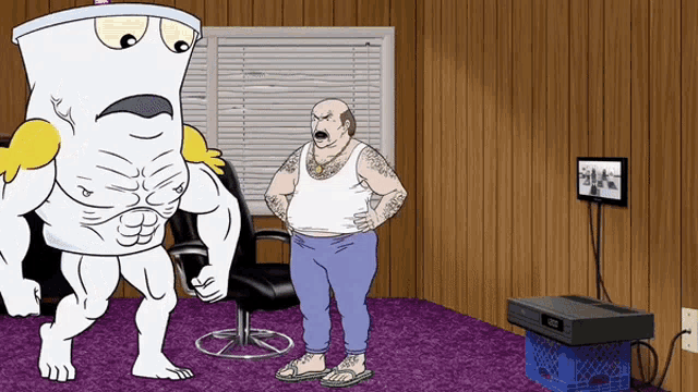 a cartoon of two men standing in a living room with a blue crate in the foreground