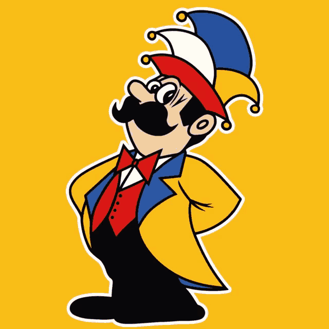 a cartoon drawing of a jester with a mustache