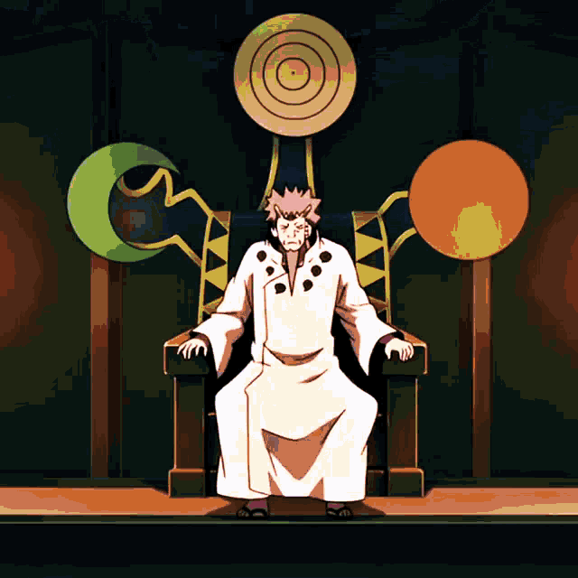 a man in a white robe sits on a throne with a circle in the background