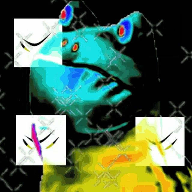 a colorful frog is surrounded by a black background with x 's