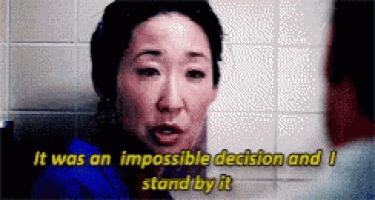 a woman says " it was an impossible decision and i stand by it " in a bathroom