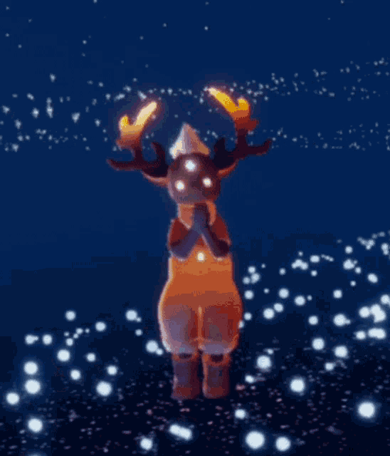 a person in a deer costume is holding a candle in their hands .
