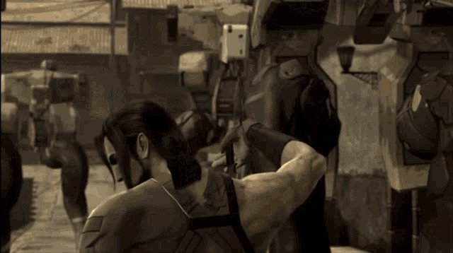 a man in a military uniform is standing in front of a robot