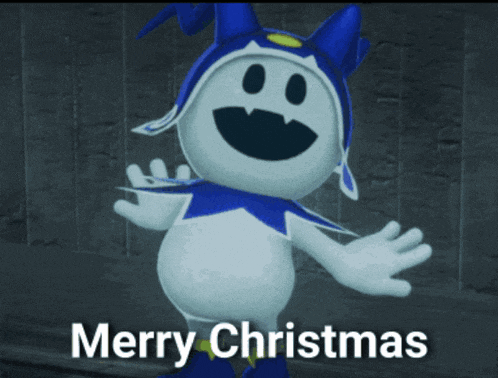 a merry christmas greeting card with a cartoon character
