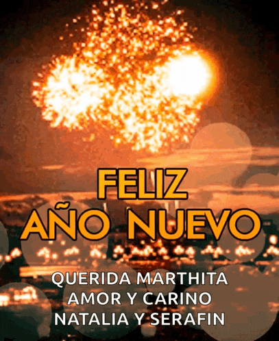 a feliz ano nuevo greeting card with fireworks behind it
