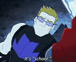 a cartoon character says " it 's school " to another character