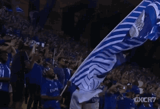 a man in a blue shirt with the word ema on it holds a blue and white flag