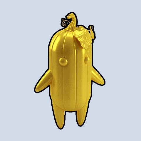 a golden cartoon character with a leaf on top of it