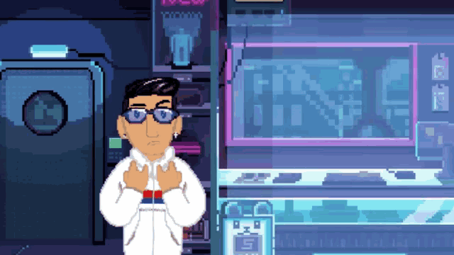 a pixel art drawing of a man with glasses and a hoodie that says ' supreme ' on it