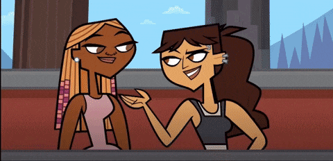 two cartoon characters are standing next to each other talking