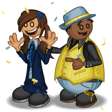 a girl and a man are standing next to each other with confetti falling around them