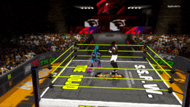 two wrestlers are in a ring with the words s.s.a.w. on the ground