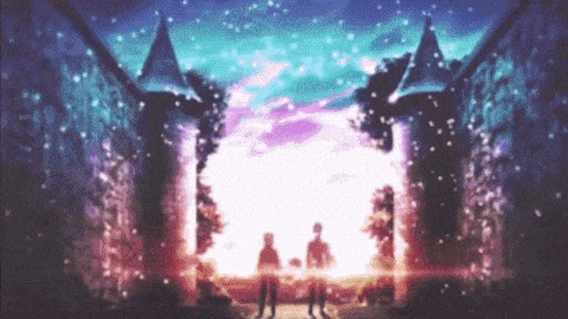a couple standing in front of a castle with a starry sky in the background