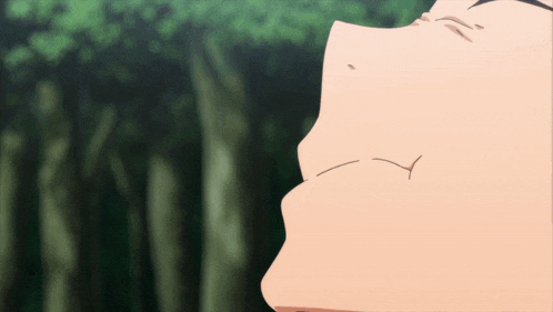 a close up of a person 's face in front of a forest