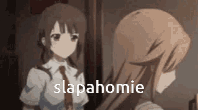 a couple of anime girls are standing next to each other and one of them is talking to the other .
