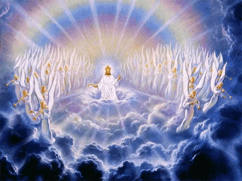 a painting of jesus surrounded by white angels in the clouds