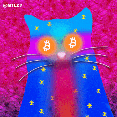 a person 's hand is pointing at a cat with a bitcoin sign on its eyes